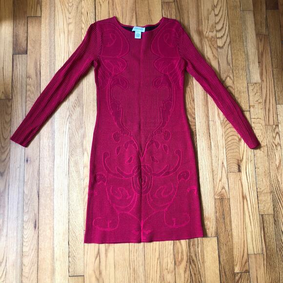 Carmen Marc Valvo EUC Women's Red Long Sleeve Knit Bodycon Dress Size M - Picture 1 of 7